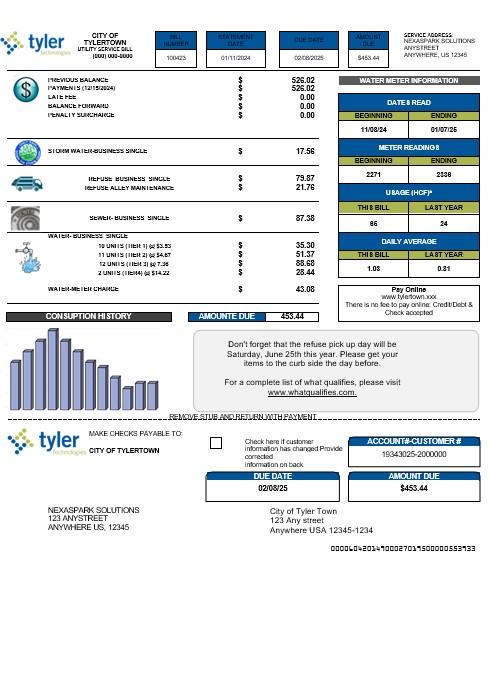 USA Tyler Technologies business utility bill template in Word and PDF formats